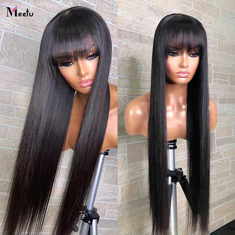 Meetu 28 30 Inch Long Thick Bone Straight Human Hair Wig With Bangs 150 Density Glueless Machine Made Human Hair Wigs For Women