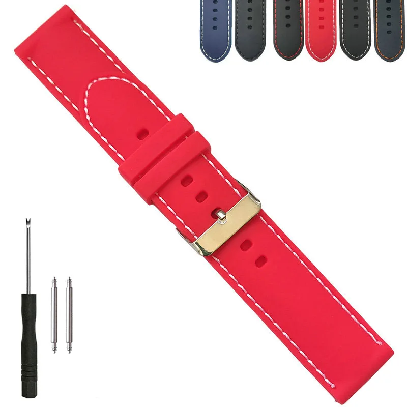 22mm Contrast Stitched Silicone Rubber Watch Band Strap Fashion Casual Bracelet Black White Blue Red Orange