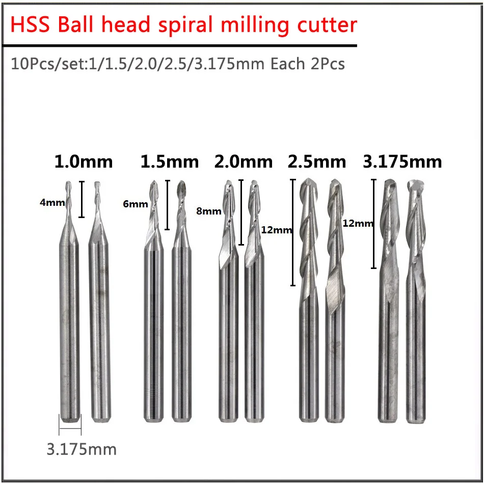 10 buah set 1 1.5 2, 2.5 3.175mm HSS kepala bola spiral milling cutter, mesin ukiran titanium berlapis bola milling cutter