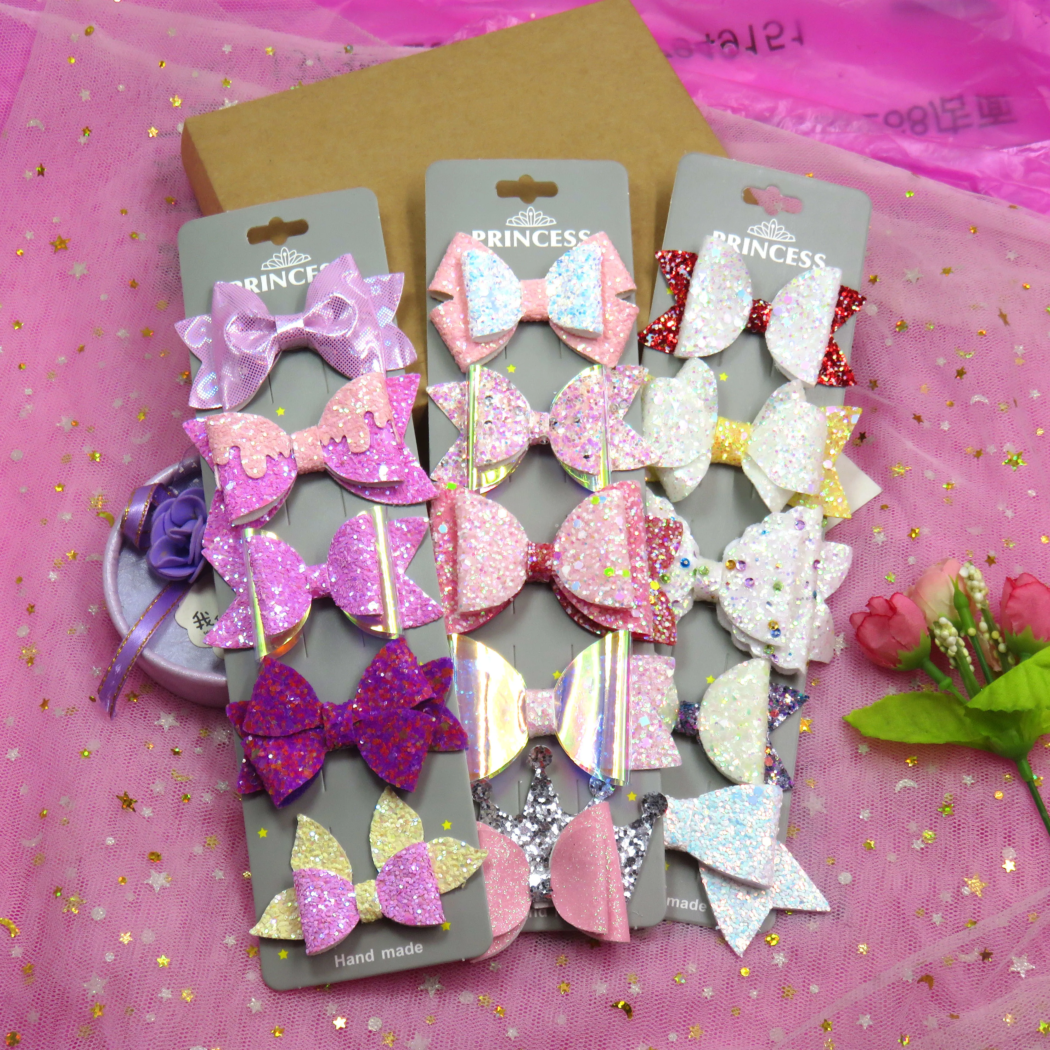 5PCS/SET Cute Shiny Elegant Baby Girls Clip Leather Bow Child Tie Knot Creativity Handmade Hairpins Hair Accessories For Kids