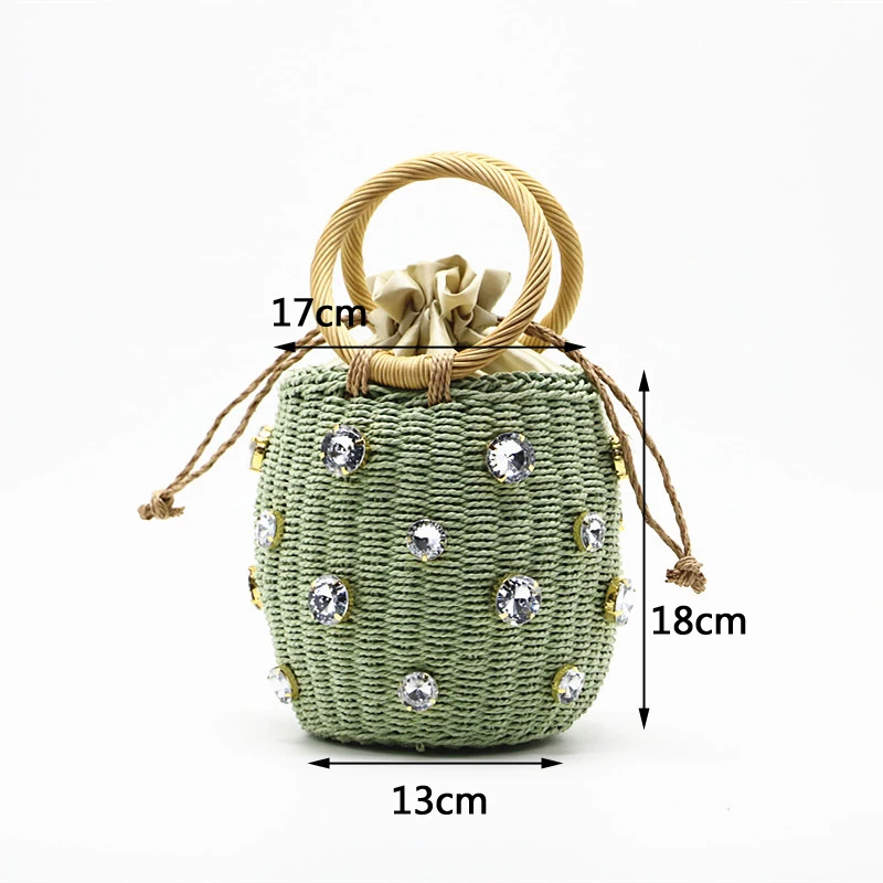 Bolso de paja hecho a mano para mujer, bolsa pequeña de paja con adornos de cristal y diamantes de imitación, de viaje, novedad de 2021