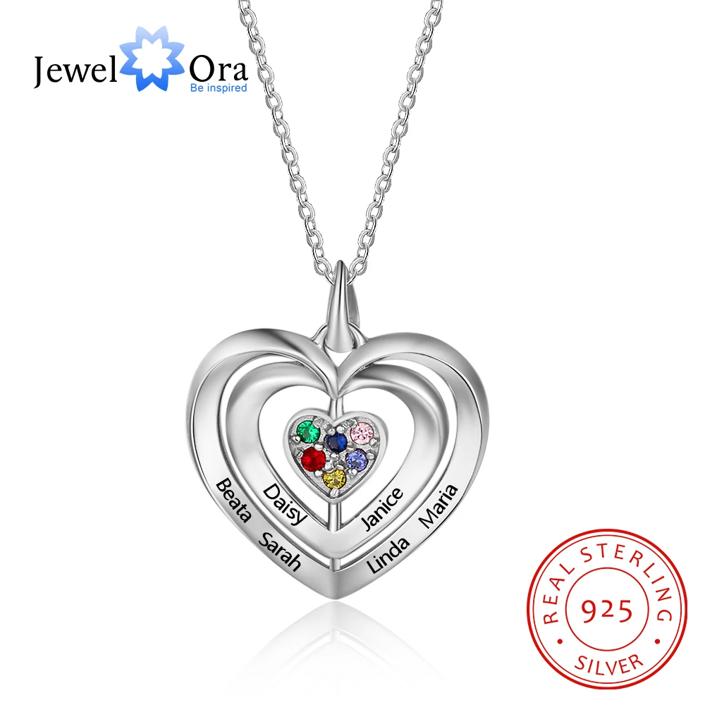 Personalized 925 Sterling Silver Mothers Necklace with 6 Birthstones Fine Jewelry Custom Name Heart Pendant Gift for Grandmother