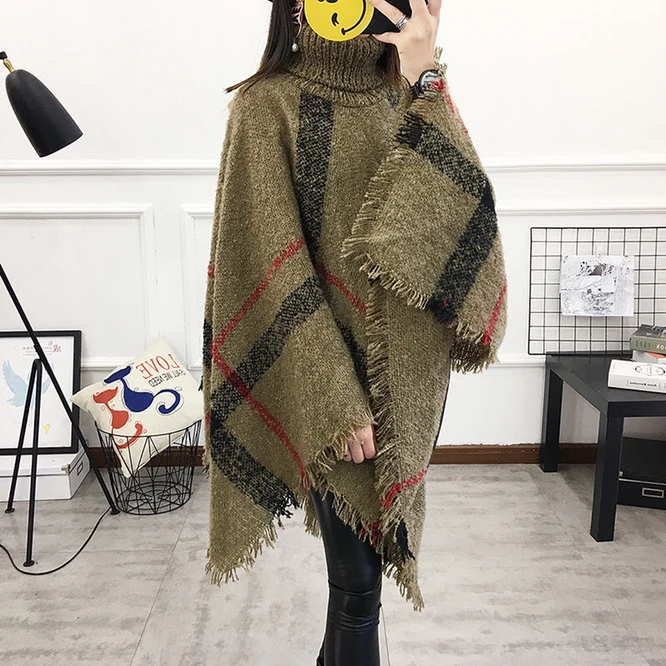 

Spring Autumn Women's Shawl New High Neck Loose Tassel Cloak Sweater Coat Large Knitted Girl Casual Keep Warm Kakhi