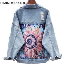 Chaquetas vaqueras con estampado Floral para mujer, abrigos de lentejuelas bohemios de manga larga con apliques de diamantes de imitación para primavera y otoño