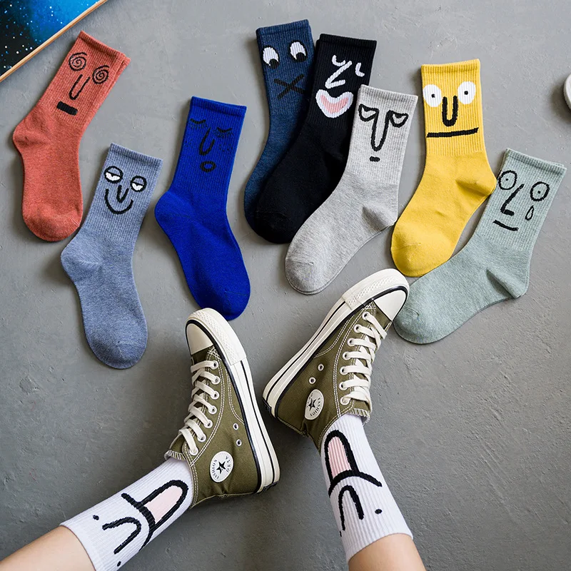 Women Socks Knitting Expression Fashion Black White Yellow Cotton Funny Happy Socks Dropshipping Skateboard Hip Hop Streetwear