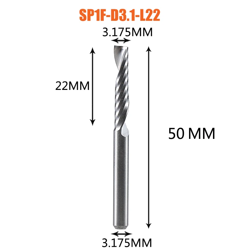 1 st AAAAA enkele fluit spiraal frees 3.175,4,6,8 schacht aluminium molen 3D graveren carving bit voor houtbewerking Acryl ACM cut