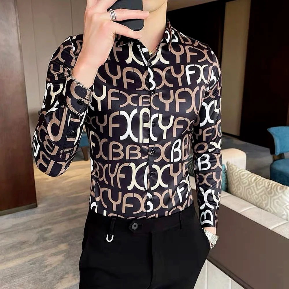Men's Lapel Button Long-sleeved Shirts,Silky Slim Casual Shirts,Korean Men's Long-sleeved Printed Shirts Fashion Clothing Trends