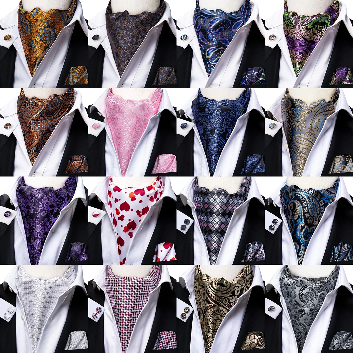 Hi-Tie Fashion Men\'s Cravat Set Luxury Floral Paisley Cravat Tie Men 100% Silk Red Blue Pink Ascot Pocket Square Cravat for Men