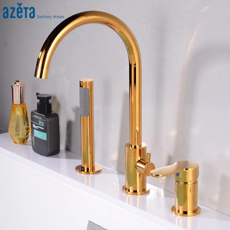 

Azeta Bathtub Faucet Gold Brass Bathroom Single Handle Deck Mounted Bath Mixer Tap with Hand Shower Bathtub Tap Set AT6101G