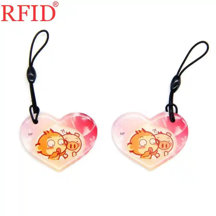 UID S50 1K 13.56Mhz Changeable RFID Rewritable IC Card Cartoon Love Shape Dropping Glue Keychain Token Tag Access Control Card 1