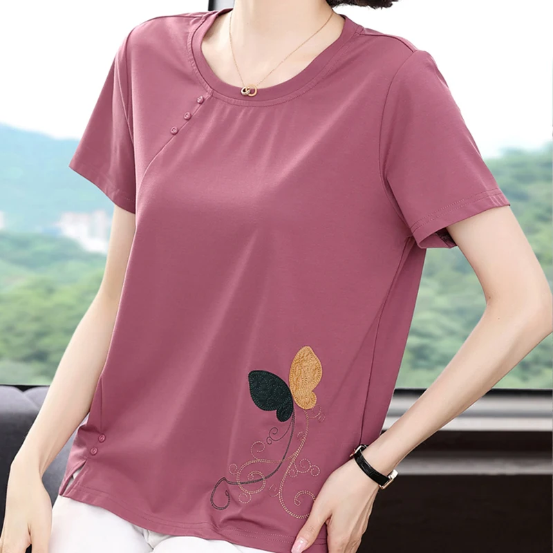 Loose Tshirt Female Button Embroidery T Shirt Women Clothes 2022 Summer Tshirt Cotton Casual Short Sleeve Tees Ladies Tops Femme