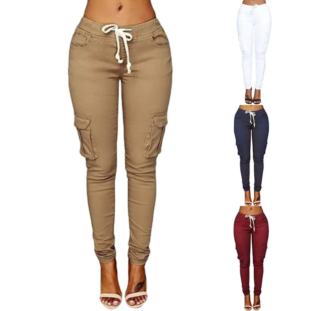 plus size woman high waist pants Solid Skinny Cargo Pants Pockets Drawstring Joggers Trousers Summer Leggings Casual Pencil Pant