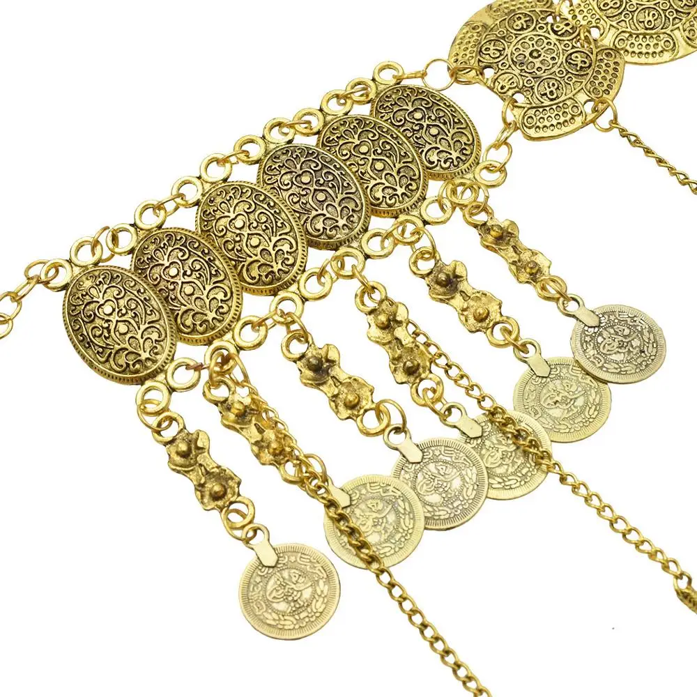 Accesorios de disfraz de baile para mujer, cinturón para la cintura, cadena para el vientre, joyería para el cuerpo, insignias, medallón de diamantes de imitación, monedas de Metal, cinturón para el vientre