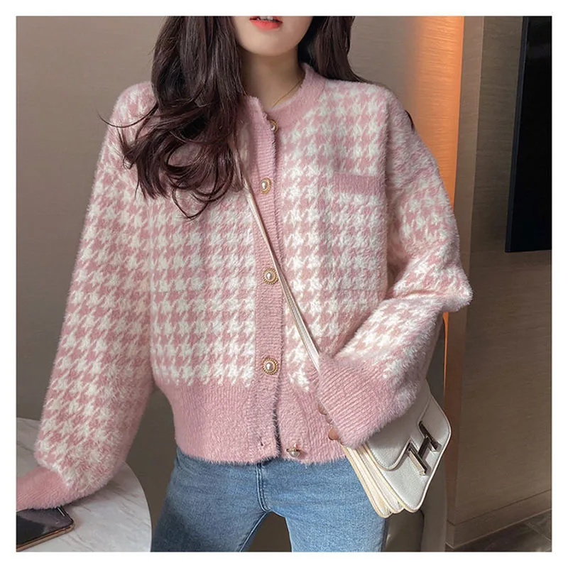 Korean Pink Plaid Short Sweater Cardigan Tops Women Elegant Faux Mink Cashmere Knitwear Coats Fall Winter O-neck Knitted Abrigos