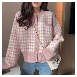 Cardigan à col rond pied-de-poule rose pour femme, pull court coréen, tricots en cachemire faux vison, manteau élégant vintage, hiver 2022