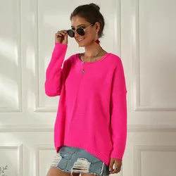 Women's Neon Color Sweater Spring Autumn Female Slash Neck Fashion Knitted Shirts Casual Oversized Pullover Loose Jumper Tops