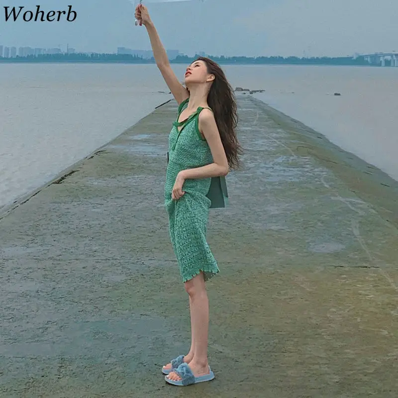 Woherb เซ็กซี่ Camis สปาเก็ตตี้สายคล้องคอสีเขียว Hollow Midi Vestido ฤดูร้อนถักวันหยุด Ropa Vestidos Elegant Vestidos Mujer