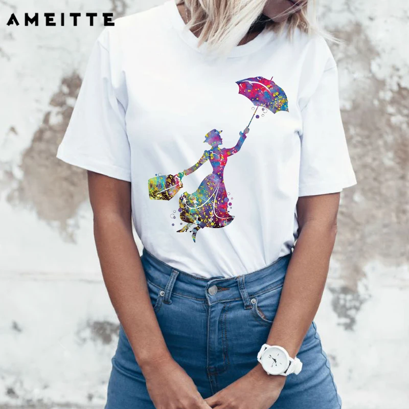 AMEITTE Summer Tops Watercolor Mary Poppins Portrait T Shirts Women's Fashion All-match Female White Tee Shirt