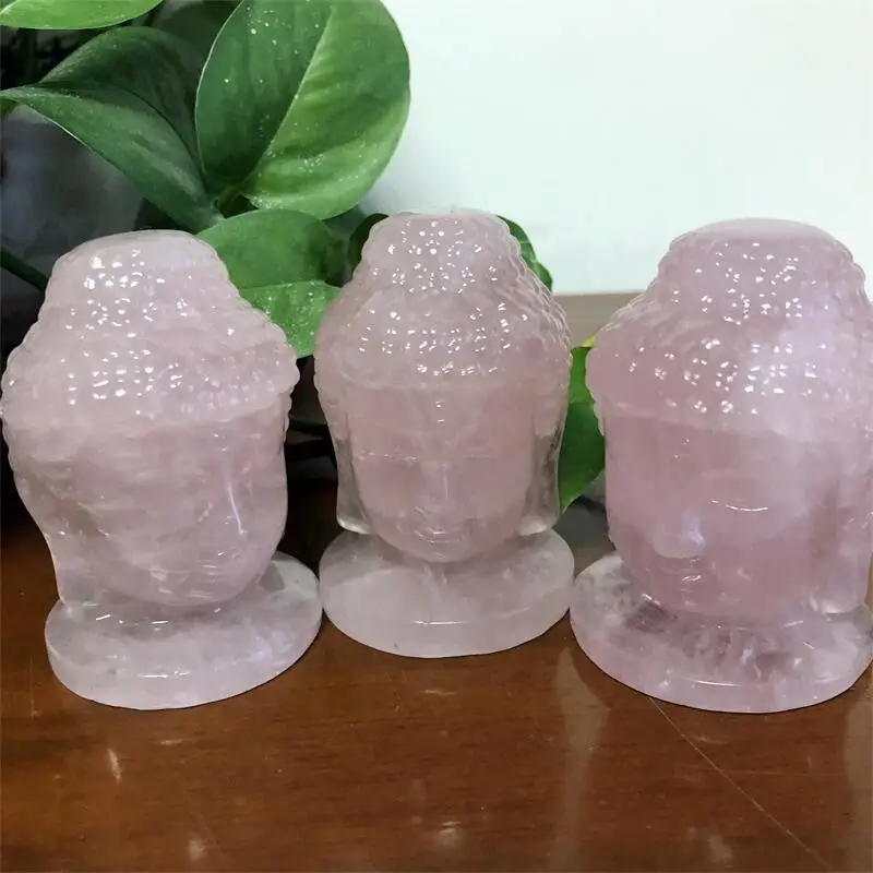 Wholesale Price Natural 7CM Rose Quartz Mineral Carved Buddha Head Crystal Figurine Ornament Feng Shui Craft Home Decor Stone