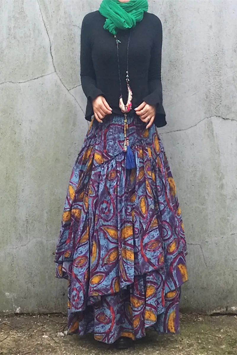 TIYIHAILEY Women Autumn Cotton And Linen Skirts Long Maxi A-line Elastic Waist  Chinese Style S-2XL Flower Print Ladies Clothing