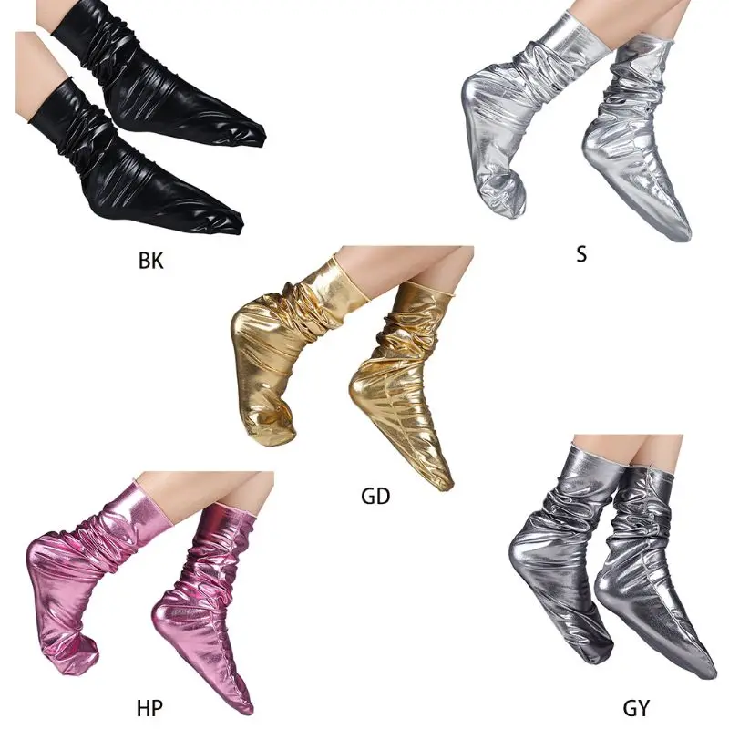 Women Faux Patent Leather Loose Crew Socks Shiny Metallic Wetlook Solid Clubwear 649C