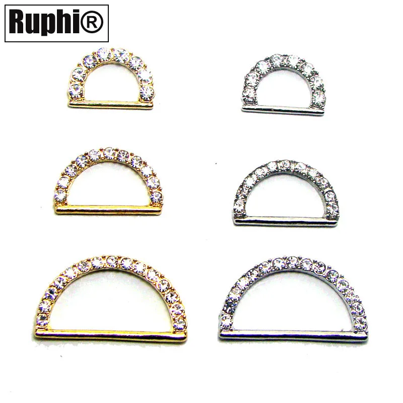 New 9mm/13mm/19mm bar Rhodium or Gold crystals metal D ring wedding gift ornament ribbon buckle connector accessories 60pcsx