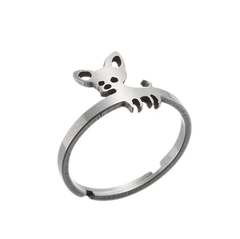 Shuangshuo Lovely Chihuahua Finger Rings Statement Jewelry for Women Adjustable Animal Shape Stainless Steel Ring Party Gift