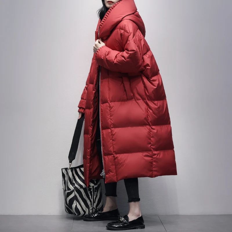 Red over the knee 90% White Duck Down Jacket Women Mid-Length 2022 Winter New Style Korean Hooded Loose Casual Thick Coats A634