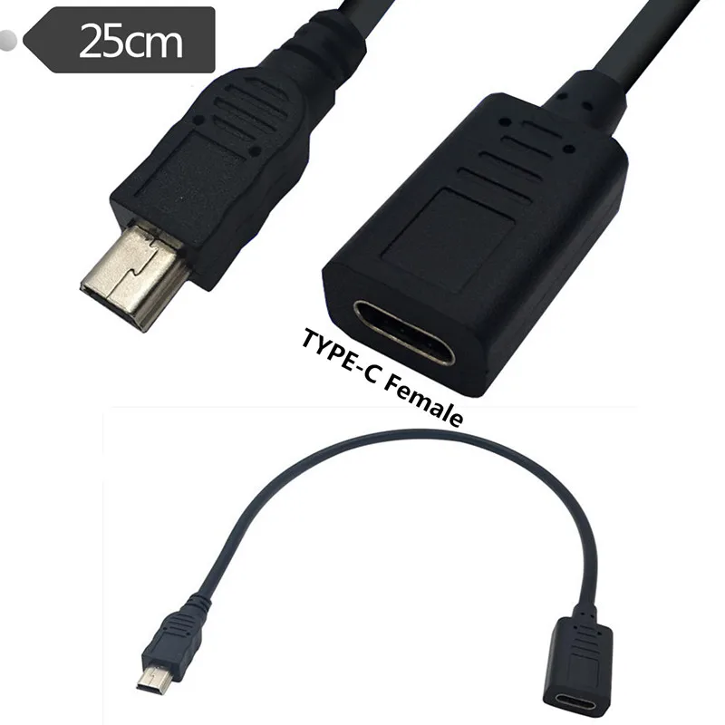 25cm USB mini USB 2.0 5Pin  Male To 3.1 Type C  Female Data Cable 0.25m