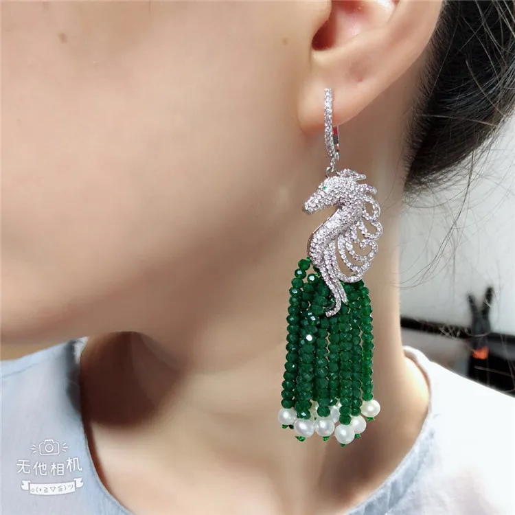 Natural Round faceted Red/Blue/Green Jade Silver Plated Cz Pave Sea Horse Earrings