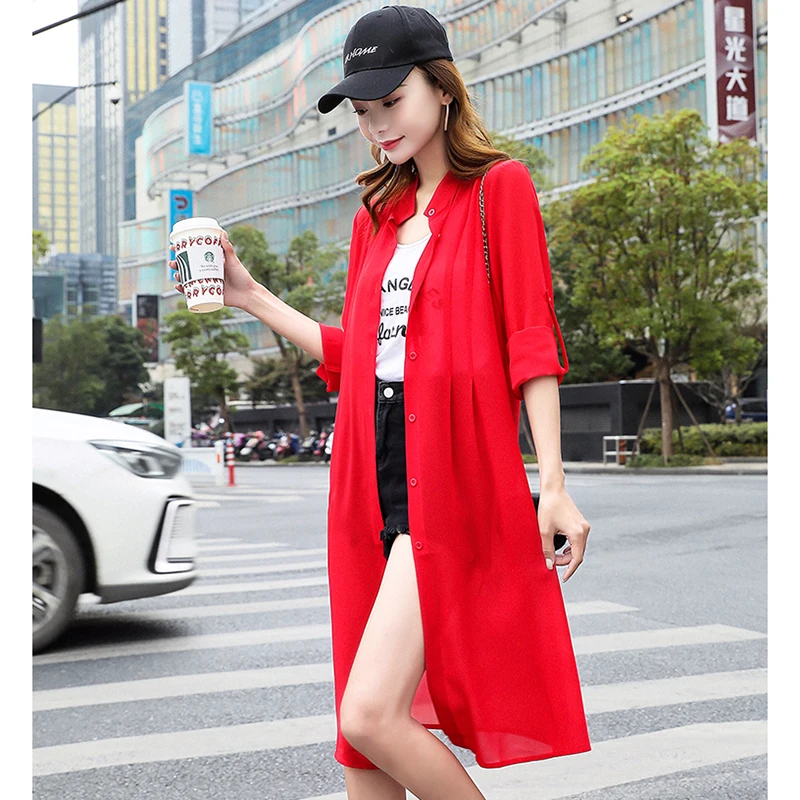 

Long-Sleeved Chiffon Beach Sun Protection Clothing Women 2022 Summer New Windbreaker Jacket Female Long Shawl Thin Coat