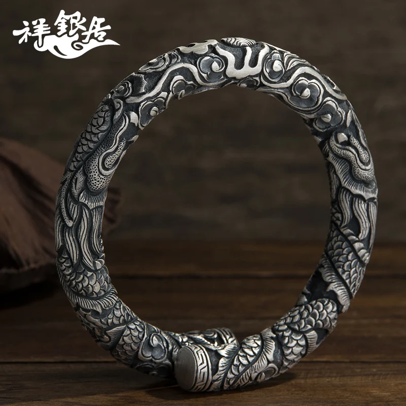 ★silver dragon embrace column men domineering full carving dragon bracelet solid silver dragon playing bead bracelet