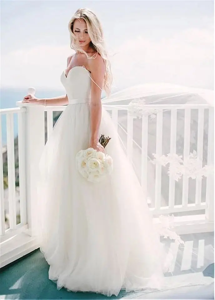 Robe de mariée Simple en Tulle blanc, bretelles Spaghetti, sur mesure, 2021