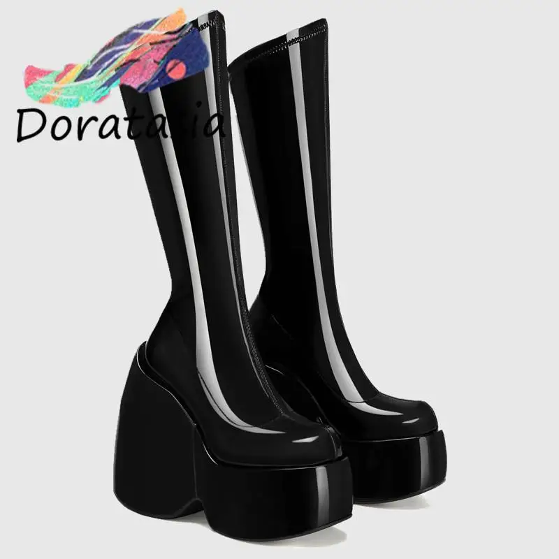 DORATASIA Female Motorcycle Boots Strange Style Slip-On High Heel Platform Women Mid Calf MELODY Boots Fashion Goth Cool Shoes