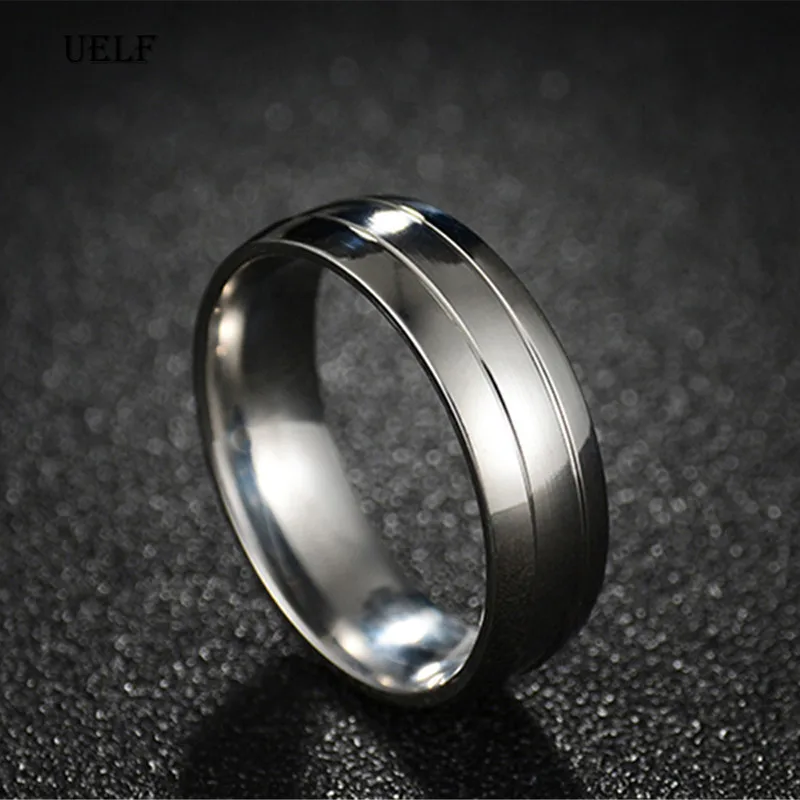 Uelf  Stainless Steel Wedding Ring For Lovers IP SILVER Color Crystal CZ Couple Rings  Men Women Engagement Wedding Rings