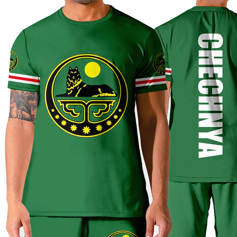 LCFA Green Chechnya Independent Republic National Flag 2-piece Summer Casual Men T-shirt And Shorts Suit Custom Short-sleeved