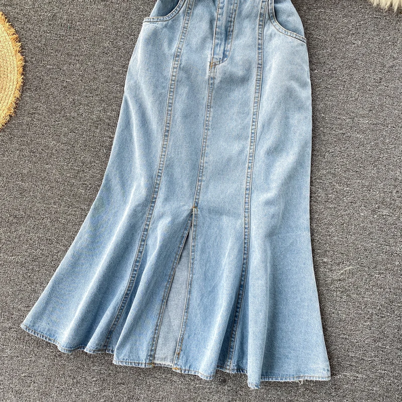 Women Summer Retro Midi Denim Dress Solid V Neck Button Sexy Split Slim Dress Korean Elegant Streetwear Ruched Dress