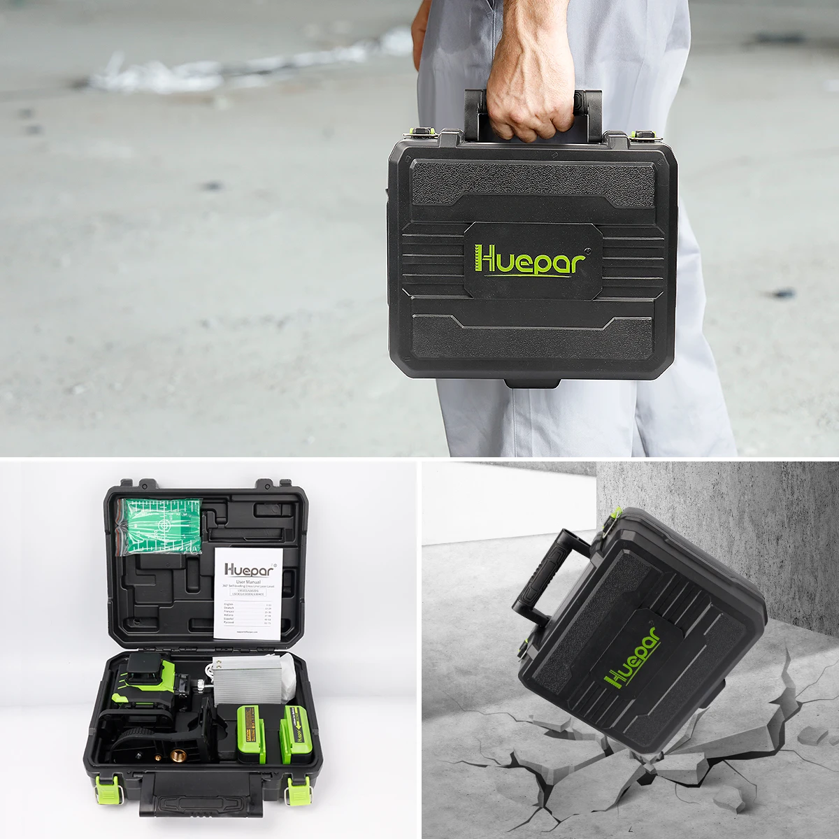 Huepar 16 Lines Green Beam 4D Cross Line Tiling Floor Laser Tools Osram Horizontal & Vertical with Lifting Base 2 Li-ion Battery