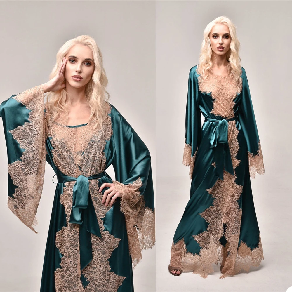 Lace & Satin Women Sleepwear Two Piece Floor Length Bathrobe Custom Made Long Sleeves Sleep Gowns