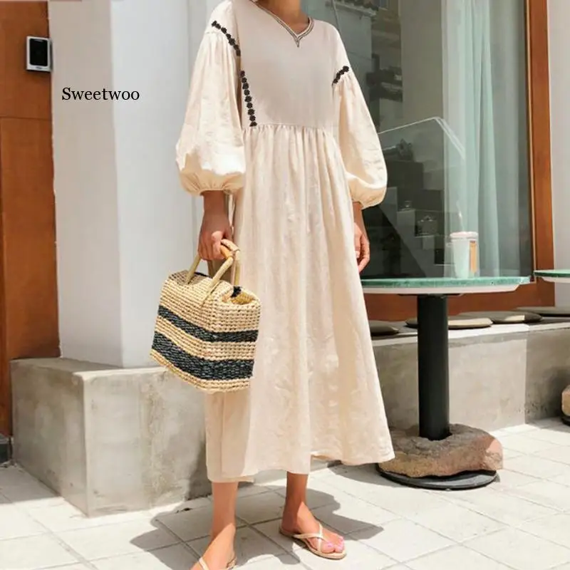 

2020 summer new ladies bohemian long dress round retro lantern flower sleeve banquet long dress long dress holiday dress female