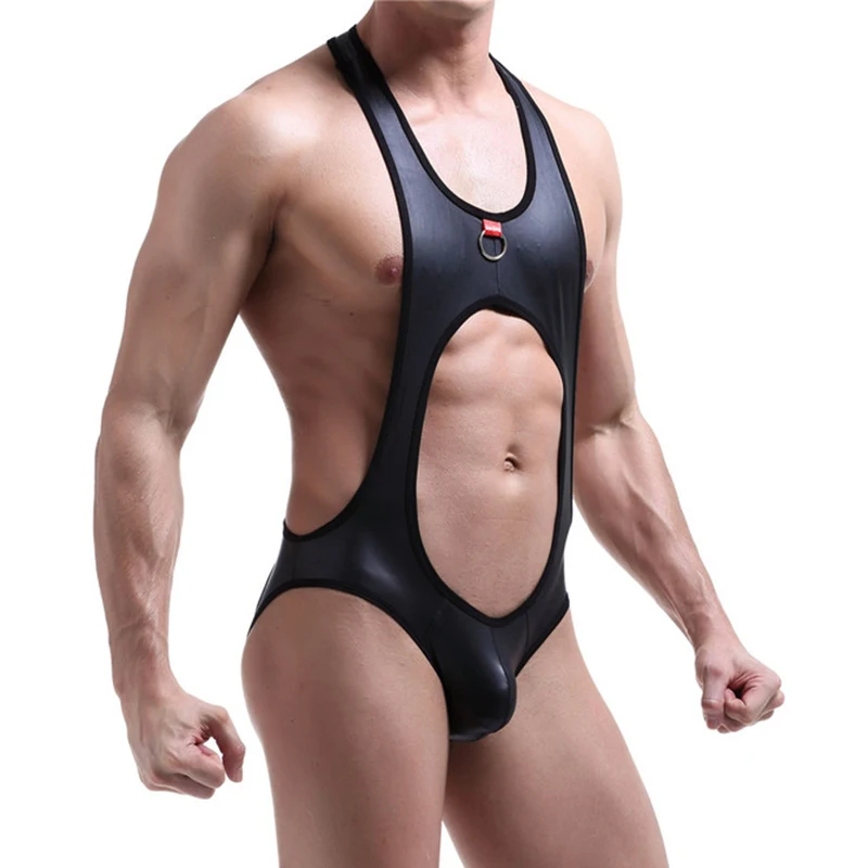 Mens Bodysuit Jock Strap PU Leather Open Back Lingerie Latex Catsuit One Piece Sexy Gay Jumpsuits Wrestling Singlets Undershirts