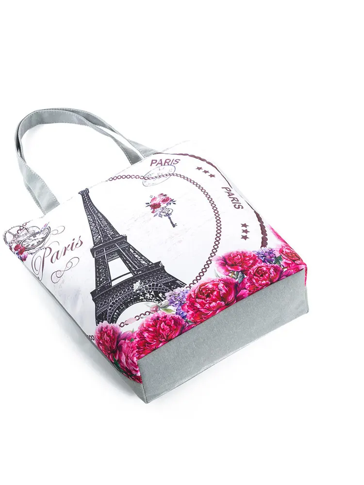 Fashion Art Trend Paris Tower Women\'s Bags Eco Reusable Linen Building Printed Bag Open Pockets Floral Shopping Bag All-Match