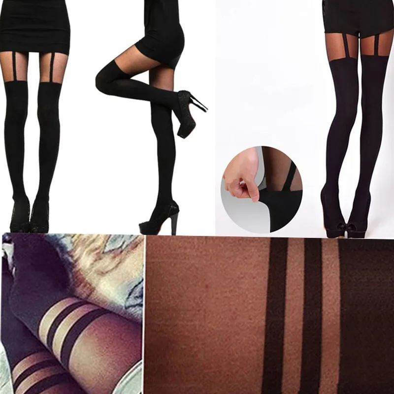 Hot Selling Sexy Women Black Fake Garter Belt Suspender Tights Over The Knee Hosiery Stockings Gifts Wholesale