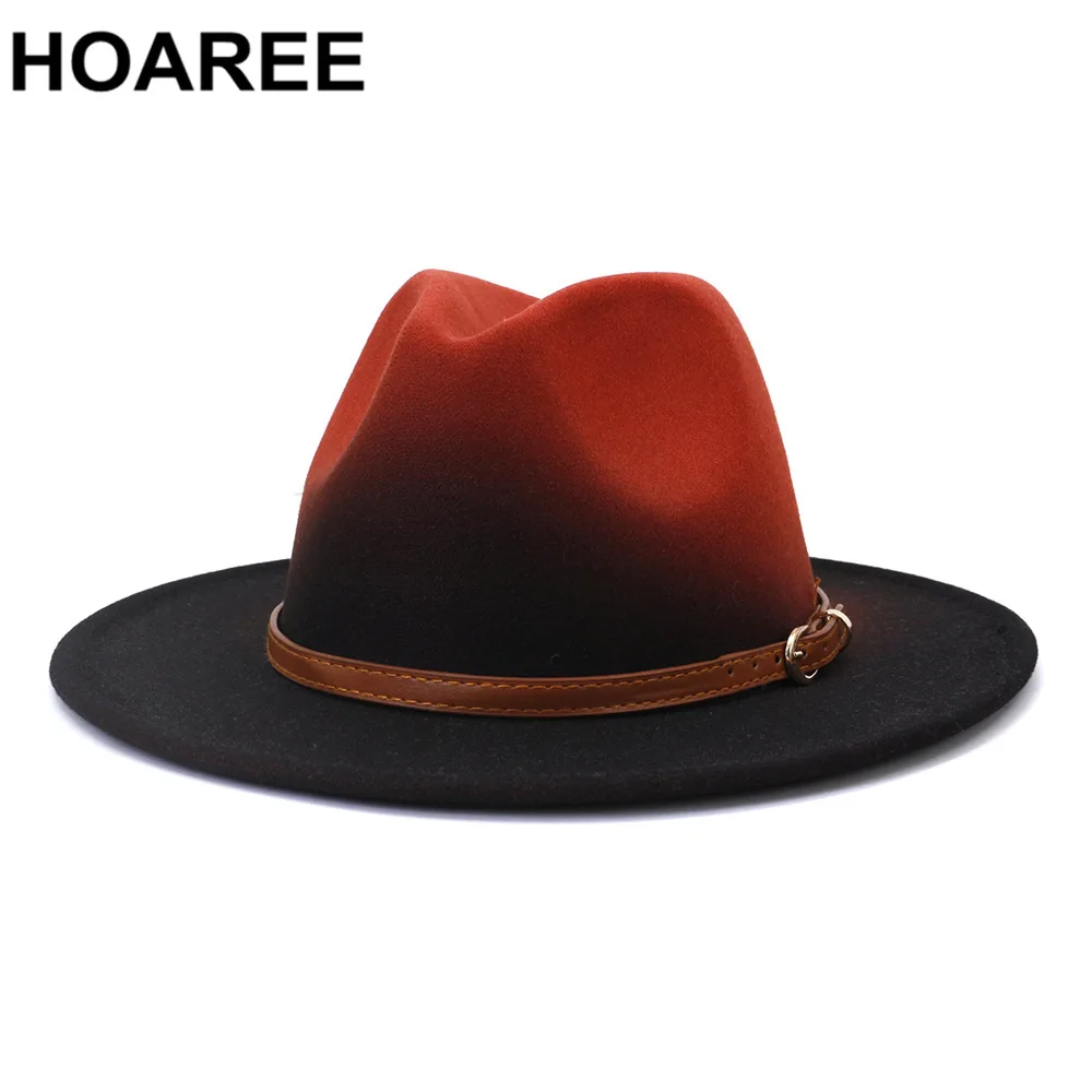 HOAREE Gradient Color Hats for Women Men Fedora Hat Autumn Winter Wide Brim Jazz Caps British Vintage Panama Womens Felt Hat