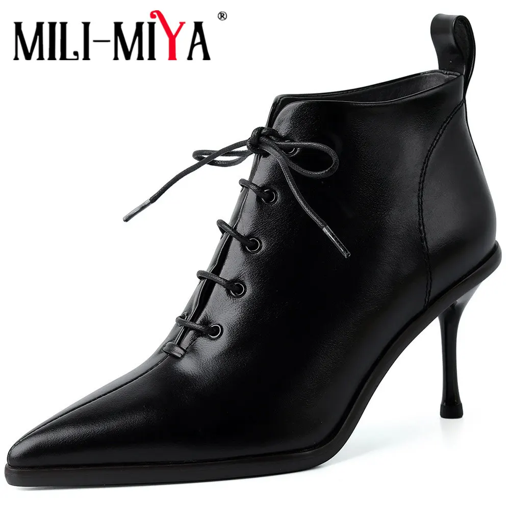 

MILI-MIYA Sexy Genuine Leather Ankle Boots Women Fashion Sexy Pointed Toe Lace Up Thin High Heel Party Prom Shoes Autumn Brown