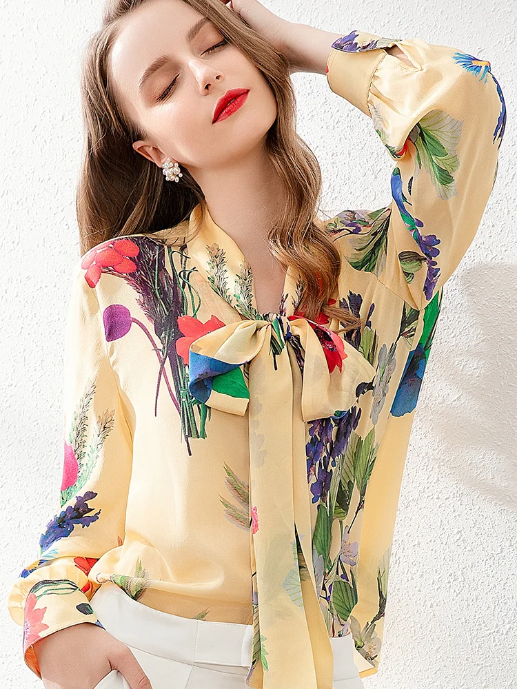 Women's Shirt 100% Silk Vintage Blouse Women Clothes 2020 Ladies Tops Long Sleeve Elegant Shirts Women Blouses ML191006 YY3020