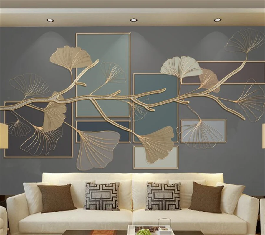 

wellyu Customized large murals Chinese style ginkgo leaf geometric golden embossed lines living room background wallpaper