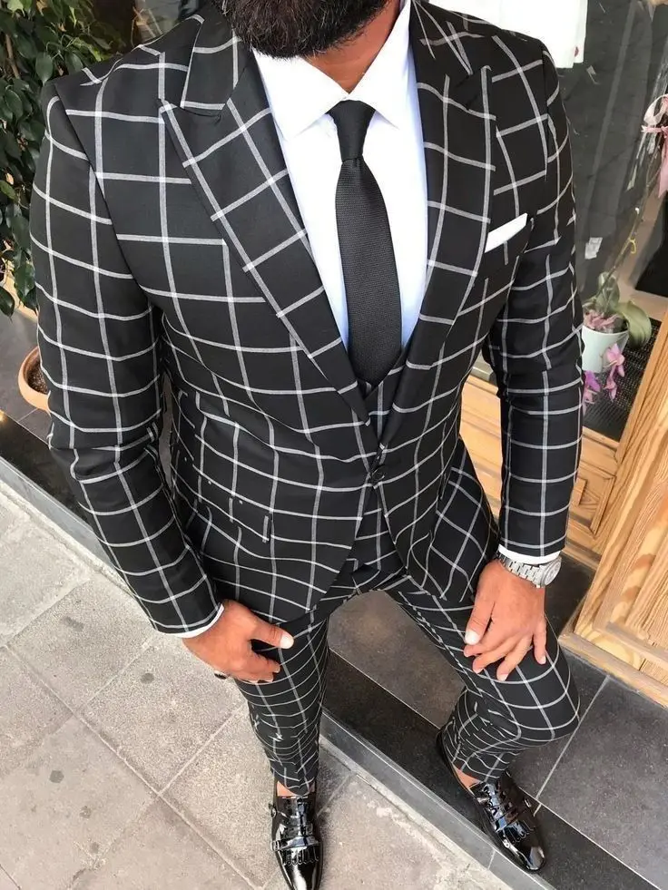 (Jacket+Pants+Vest)  Blue Plaid Work Men Suit Set 3 Piece Groomsman Beach Wedding Party Outfit 2021 Jscket Coat Custom Made