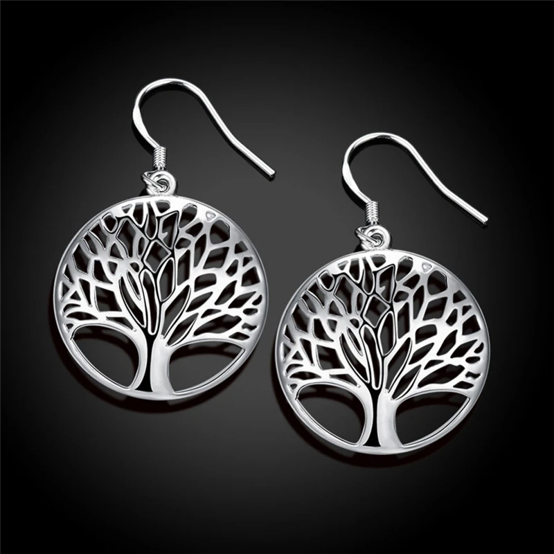 DOTEFFIL 925 Sterling Silver Circle Tree Drop Earrings Charm Women Jewelry Fashion Wedding Engagement Party Gift