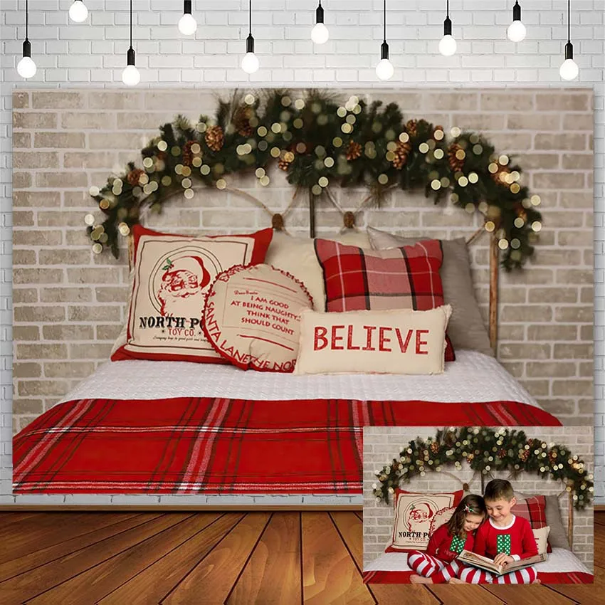 

Christmas Tree Backdrop Red Pillow Bed Santa Brick Wall Bokeh Children Photography Background Photo Studio Decor Props Photozone